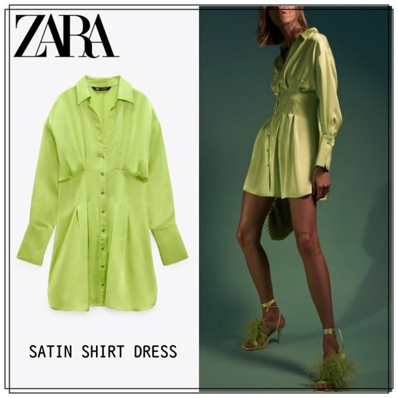 BNWT ZARA SATIN EFFECT SHIRT DRESS  LIME GREEN - REF. 3564/166 - Picture 1 of 6